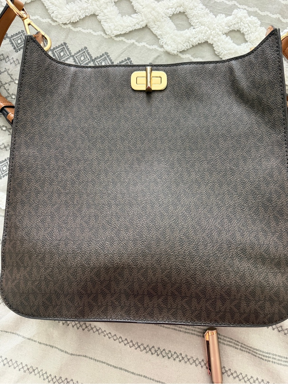 Michael Kors Dark Brown Monogram Shoulder Bag with Gold Hardware